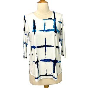 Sympli White Tunic Top Blue Artsy Print Slinky Knit Jersey Stretch Artsy Size 6